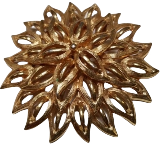 Vintage Signed Roget TM Large Gold Tone Metal Flower Brooch Pin - Picture 6 of 12